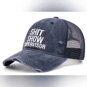 Navy 'Shit Show Supervisor' Distressed Trucker Hat